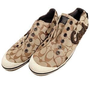 Coach, Size 8.5, "Keeley" Brown Signature "C" Slip-On Sneakers, Laceless Design